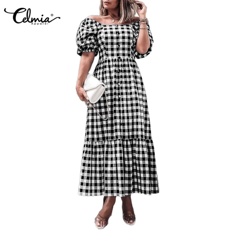Đầm maxi CELMIA tay ngắn phồng trễ vai họa tiết caro thời trang xinh xắn cho nữ