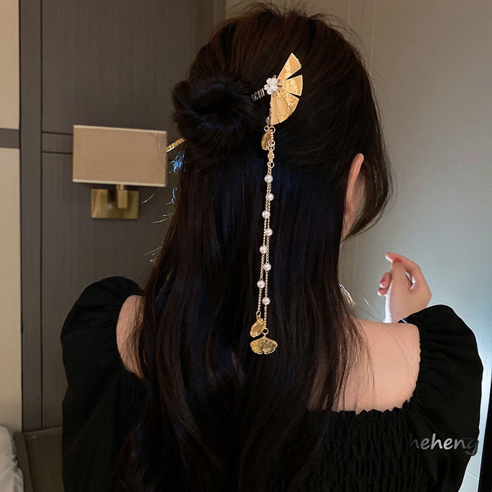 Trâm Cài Tóc Dáng Dài 16.7cm Hình Quạt Phối Tua Rua Phong Cách Trung Hoa Thời Trang Cho Nữ