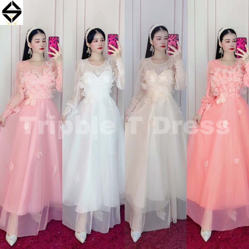 Đầm xoè tay dài phồng kết hoa nổi 3D TRIPBLE T DRESS  - size M/L - MS202V