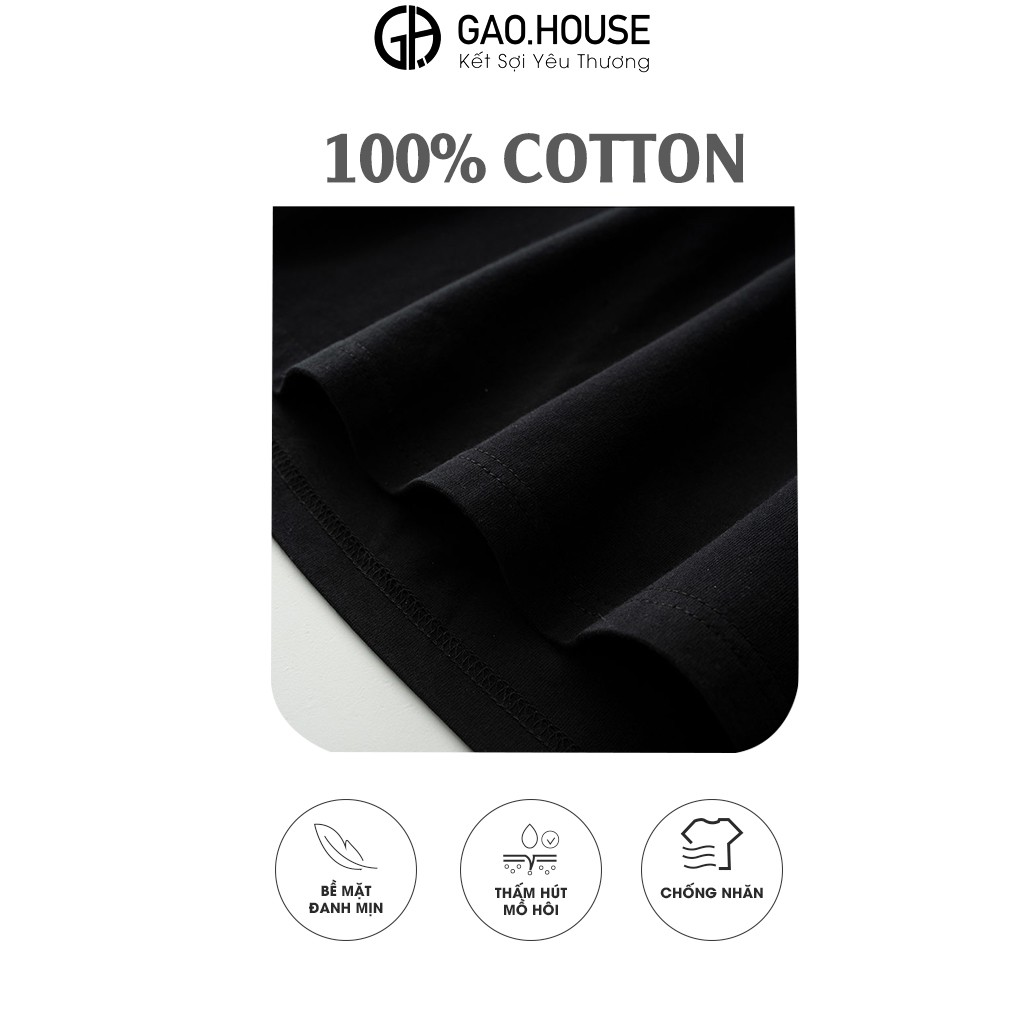 Áo thun nam nữ cộc tay Gạo House cotton màu đen chữ viền vàng dáng oversize V224