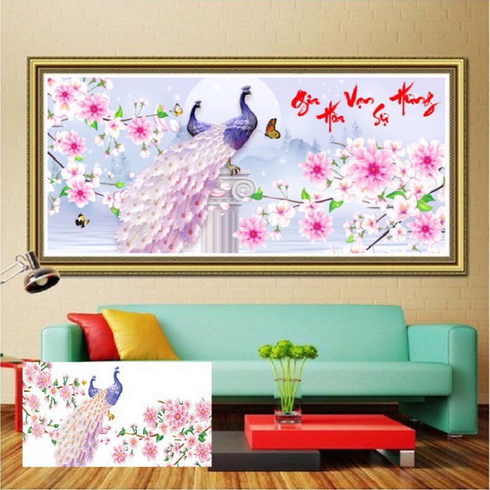 Tranh đính đá chim công gia hòa vạn sự hưng KT:110x50cm. Tranh gắn đá chưa gắn.