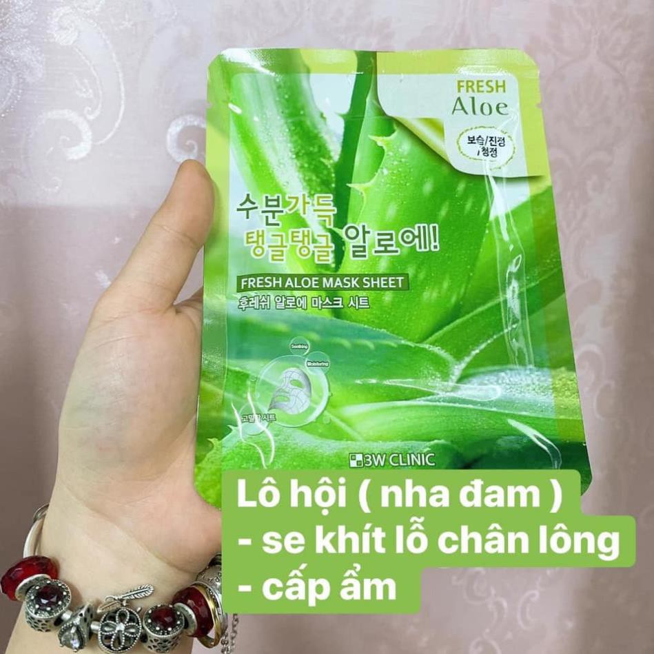 Combo 10 Túi mặt nạ giấy dưỡng ẩm chiết xuất từ lô hội 3W Clinic Hàn Quốc 23mlx10 giúp da mềm mại và trắng sáng tự nhiên