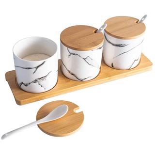 FL Porcelain Condiment Jars Pot Ceramic Spice Jars Kitchen Canisters Seasoning Box Condiment Serving Set Salt Cellar Pepper Box Sugar Bowls Containers with Lid Spoon Tray for Tea Coffee Set