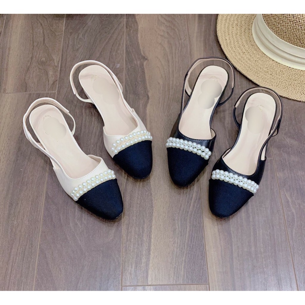 Giày cao gót Sandal 2 Phân Quai Cài Mũi chuỗi Ngọc Sang Chảnh X6