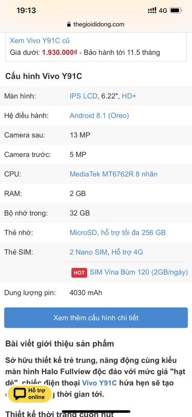 Điện Thoại Vivo Y91C ( 2BG/32GB ). Hàng cũ đẹp 90%.