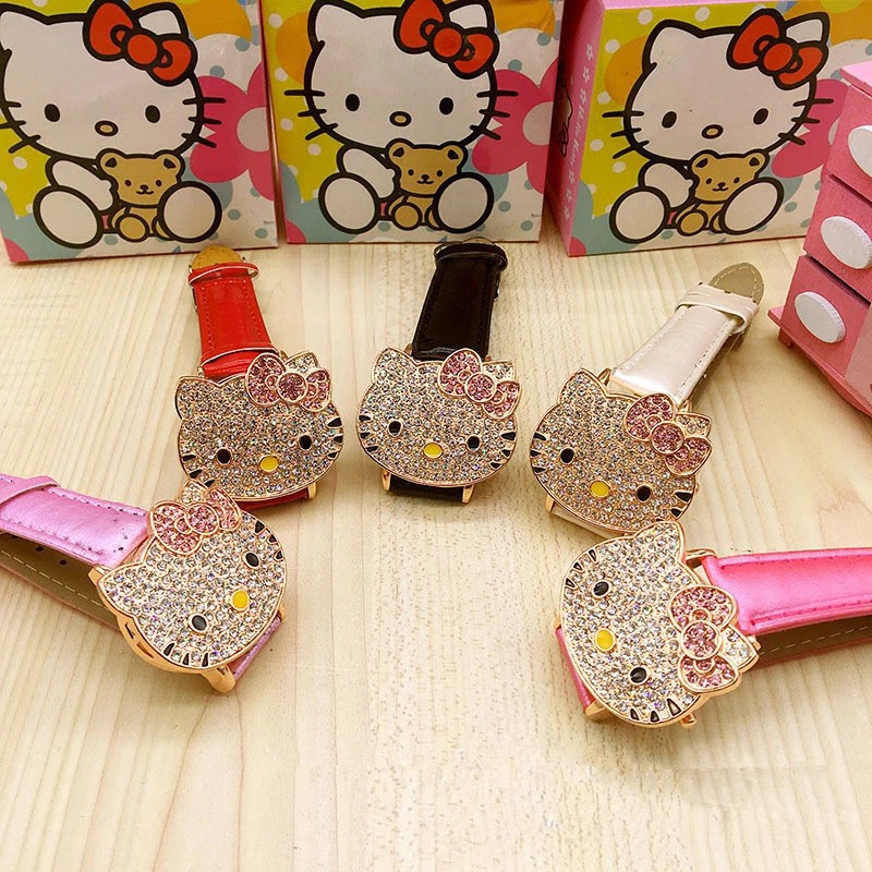 Đồng Hồ Nữ Dây Da Mặt Hình Hello Kitty Dễ Thương