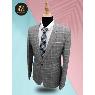Áo khoác vest nam ôm body màu xám sọc ca rô phong cách