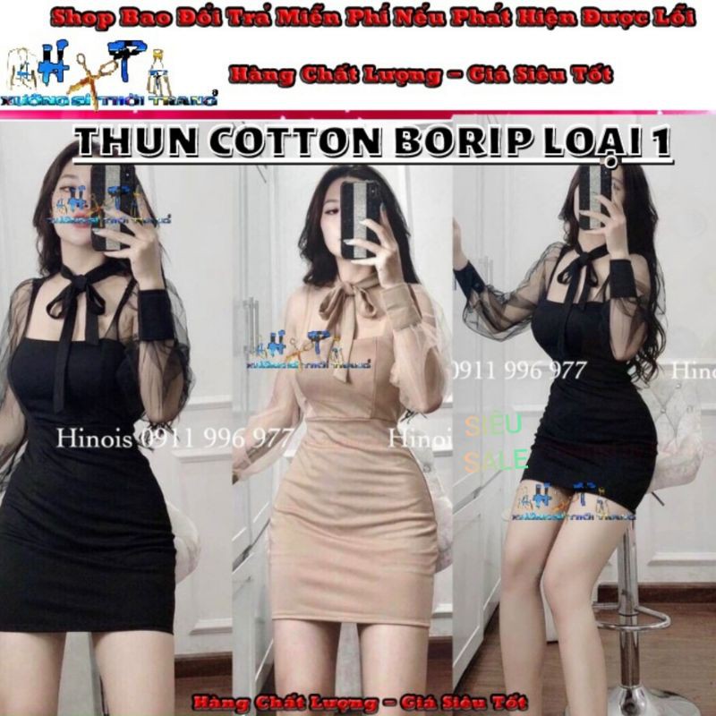 Đầm Ôm Body Nữ Cột Nơ Cổ Tay Phối Lưới Thun Cotton Borip Loại 1 Cao Cấp Siêu Hottrend 2020 - Hàng Có Sẵn