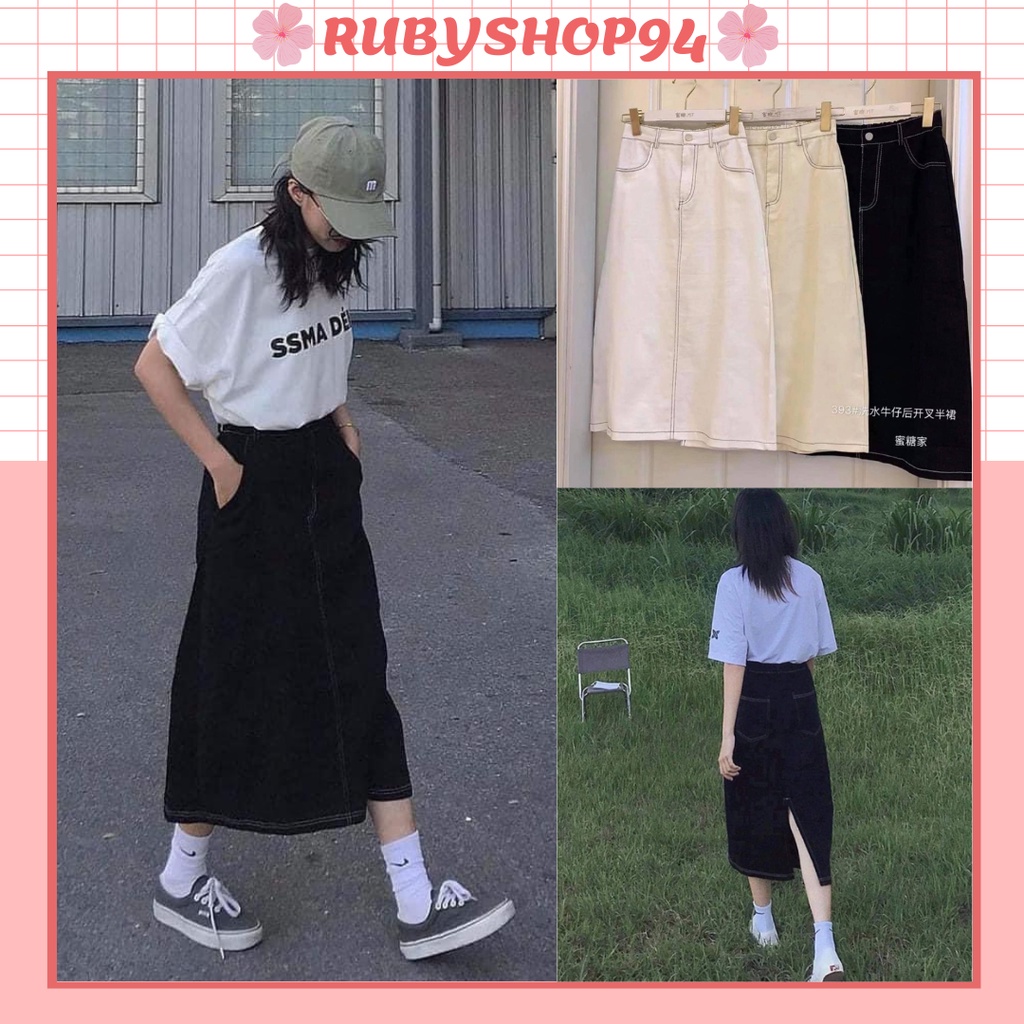 Chân váy jean đen dáng dài chỉ nổi ulzzang, Váy bò midi dài qua gối cạp chun phong cách Hàn Quốc