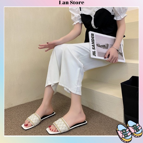 Dép bệt quai ngang đính ngọc màu trắng + đen nổi bật đế cao su dẻo chống trơn trượt đi êm chân - Mã DL06