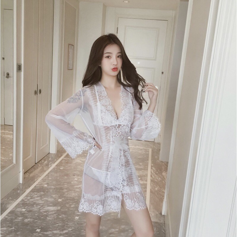 Đầm ngủ ren, áo choàng ngủ ren sexy kèm chip lọt khe và áo ngực ren gợi cảm, giá rẻ màu trắng, đen