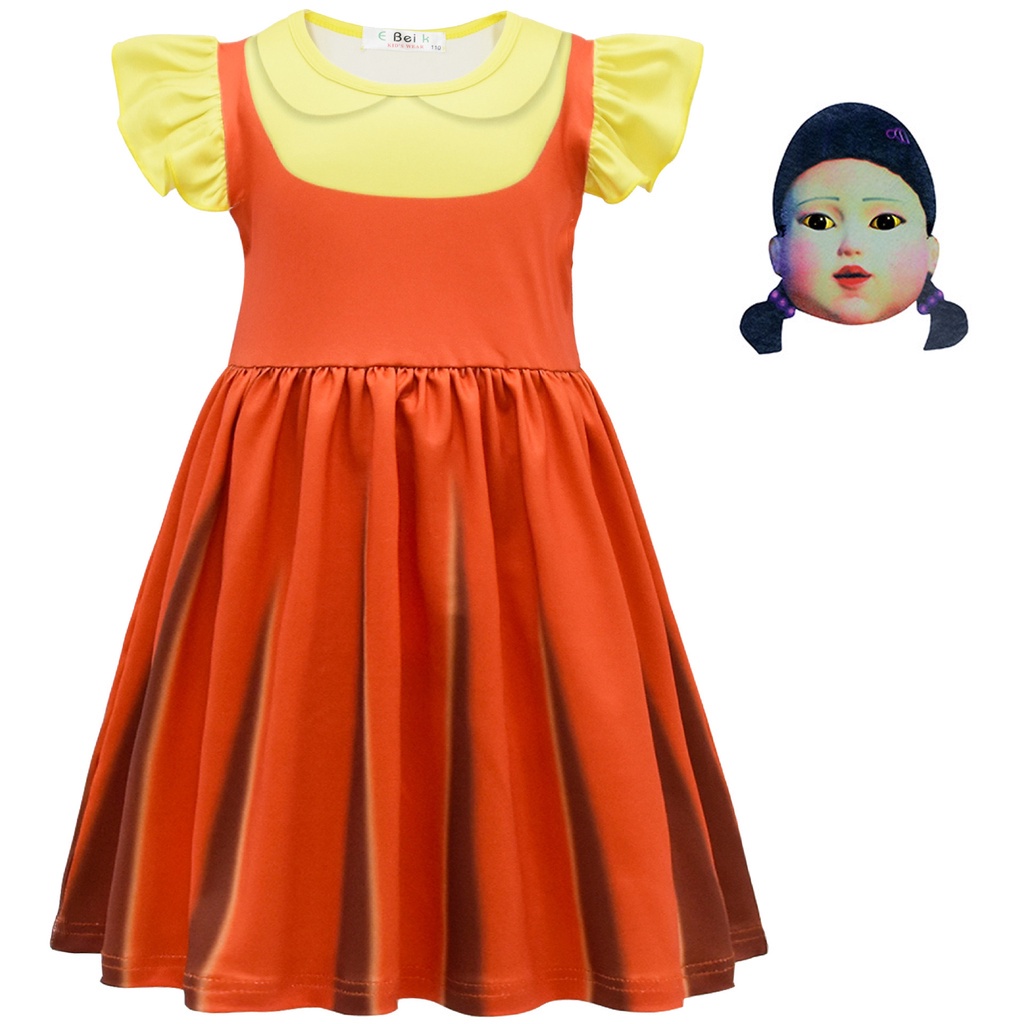 Squid Game Bộ Đầm Hóa Trang Công Chúa Mực Kèm Mặt Nạ Bằng Gỗ 123 Dễ Thương Cho Bé Gái