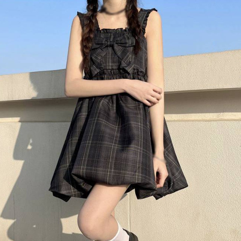 Đầm Mini Không Tay Phối Nơ Họa Tiết Sọc Caro Phong Cách Hàn Quốc Thời Trang Mùa Hè