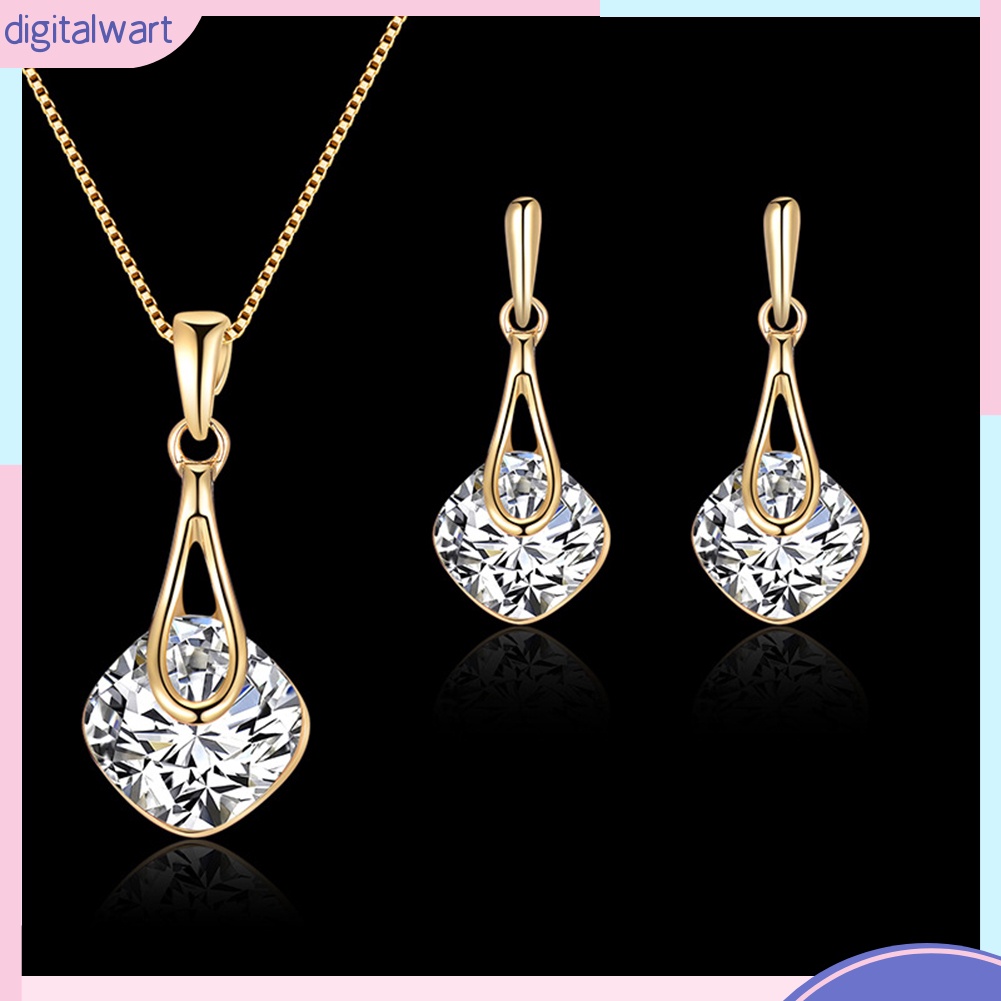 Bộ Vòng cổ + Bông Tai Đính Đá Hình Giọt Nước &amp; Vuông Cho Nữ