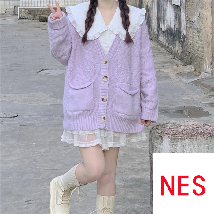 Áo Khoác Cardigan Dệt Kim Màu Tím Phong Cách Nhật Bản Thời Trang Mùa Thu Mới Cho Nữ