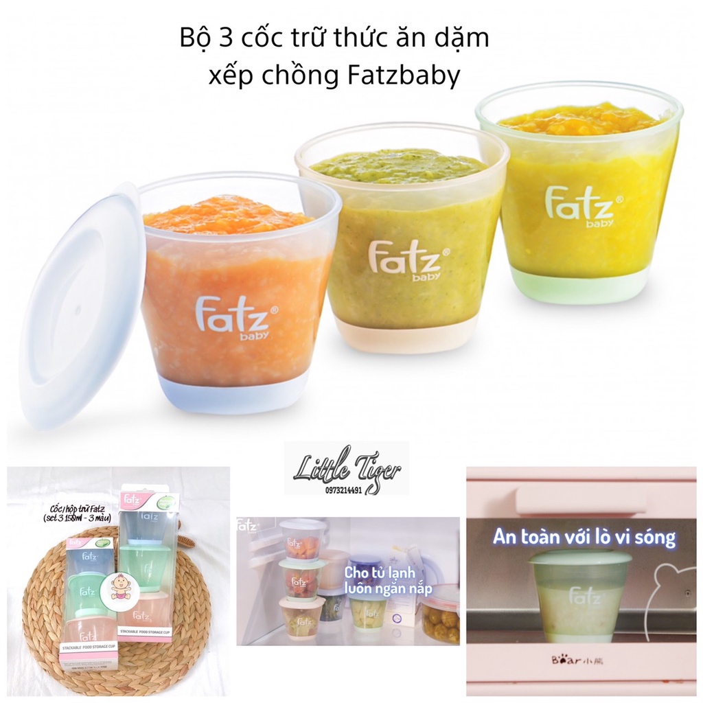 Bộ 3 cốc trữ thức ăn dặm xếp chồng Fatzbaby 150ml - Hộp trữ đông đồ ăn dặm cho bé.