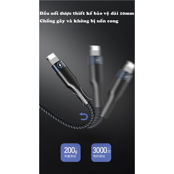 Cáp sạc 3 đầu đa năng Remax bọc dù,Cáp sạc 3 đầu ,TypeC,Micro USB