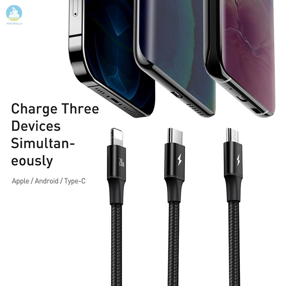 MI  Baseus 3 in 1 Cable Rapid Series PD 20W Fast Charging Cord Type-C to Micro USB/Type-C/ Data Sync Cable Compatible f