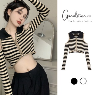 Gaeul store- áo len dệt kim cổ bẻ kéo khoá kiểu hở vai