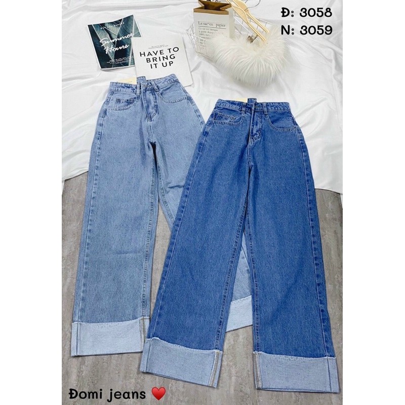 Quần Baggy Jeans Ống Rộng Cạp Lưng Cao Ống Xuông Trơn LẬT LAI - JJ0T