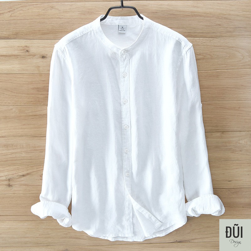 Áo đũi nam cài khuy cổ trụ xanh dài tay mẫu 6