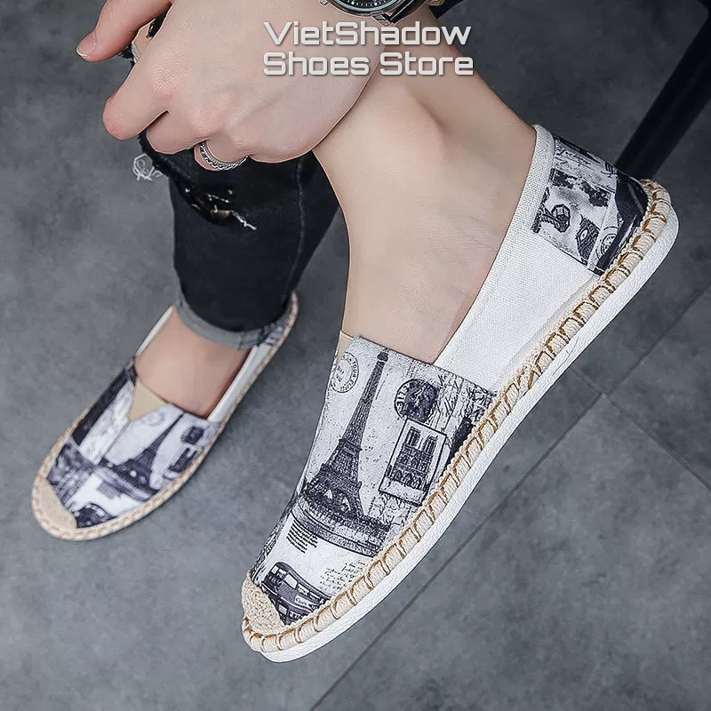 Giày lười vải nam đế cói in họa tiết - Slip on nam - Chất liệu vải bố cotton 2 màu đỏ và xám - Mã 2951