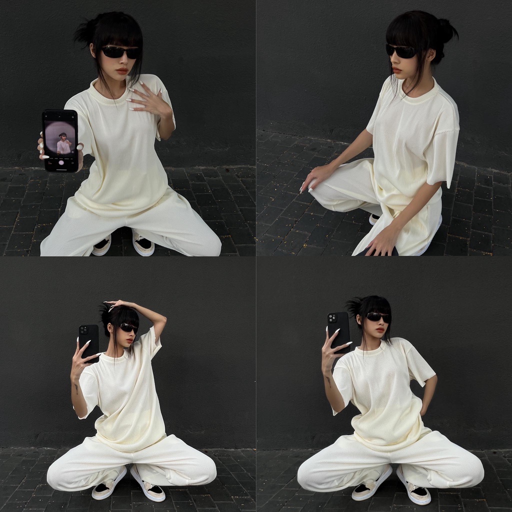 Set đồ áo thun và quần dài hiệu ứng xếp ly màu trắng kem 21ST URBAN Comfy