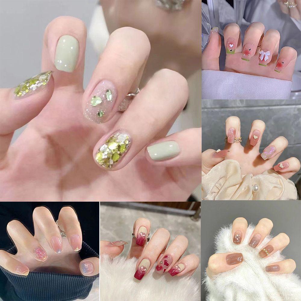 Bộ 24 Móng Tay Giả Đầu Tròn / Vuông Che Phủ Toàn Diện Phong Cách Pháp