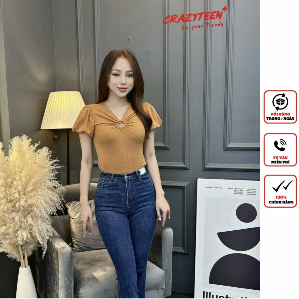 Áo thun nữ CRAZYTEEN tay bí cổ v khoen tròn nhún ngực sang trọng AT0348