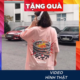Áo thun tay lỡ freesize nữ phông form rộng Unisex, mặc lớp, nhóm, cặp in chữ HADES ĐẤU TRƯỜNG màu hồng