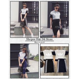 Set Áo Lửng- Váy Body Xẻ Tà Chạy Sọc Thể Thao