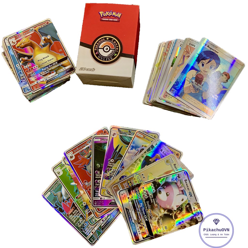 Bộ Thẻ Bài Chơi Pokemon 100 Thẻ (70Gx,20Mega,10Trainer) Chơi Đối Kháng New Đẹp