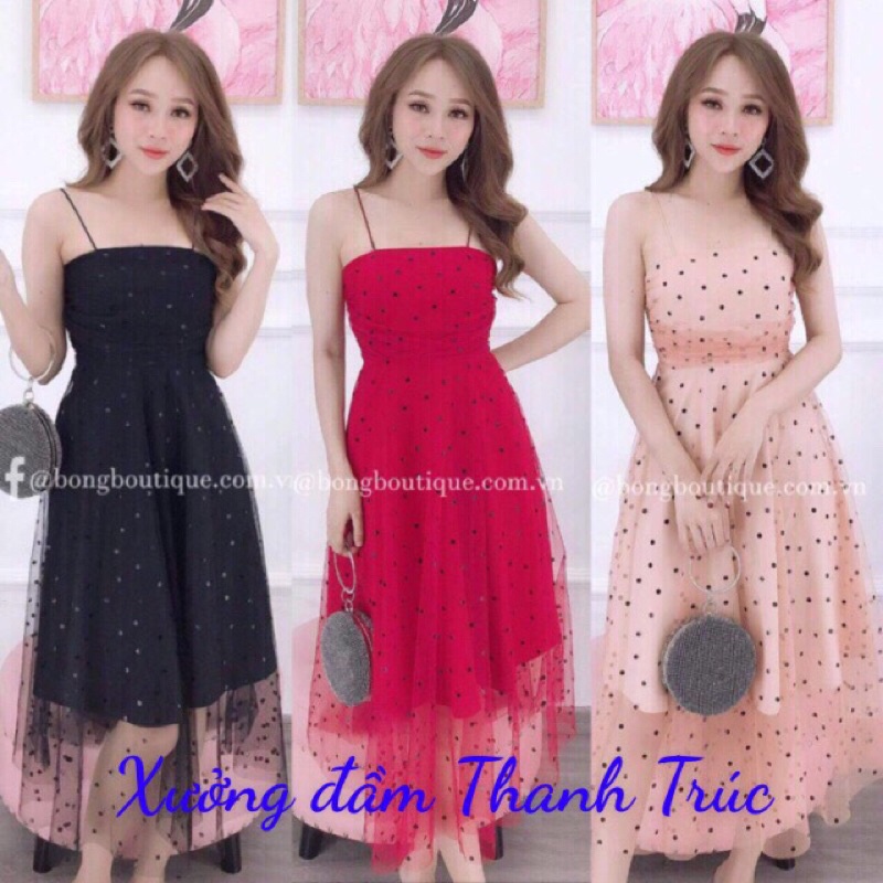 Đầm xoè 2 dây thun phủ lưới bi M/L/XL/2XL