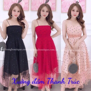Đầm xoè 2 dây thun phủ lưới bi m/l/xl/2xl