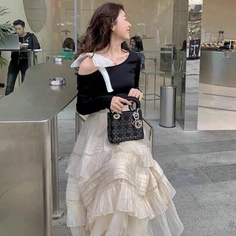 Sét Áo Đen Lệch Vai Phối Nơ Trắng Mix Cv Midi Trắng 🦋FREESHIP 🦋Xinh Xỉu Tại Linh Dilys