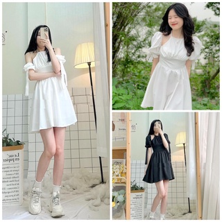Váy Tay Nơ Cổ Yếm JOLIE Nữ [FREESHIP] 🌸 Đầm tay bồng bánh bèo tiểu thư siết eo dáng chữ a kiểu hàn quốc Ulzzang 🌸