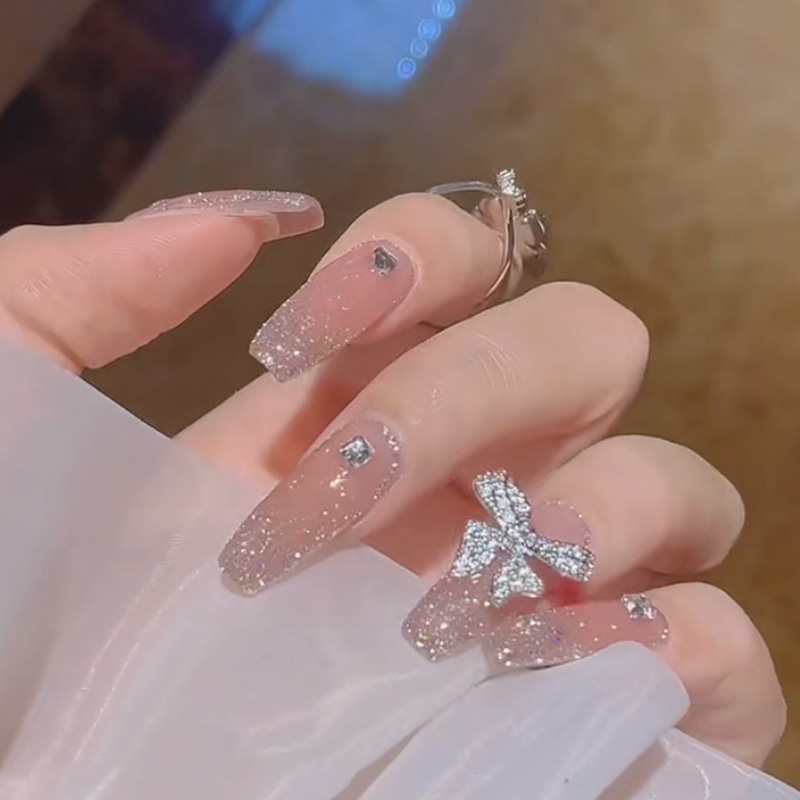 Bộ nail 24 móng giả 💖beauty nail 💖( kèm theo keo dán + dũa móng ) có đính phụ kiện nơ đá cực sang