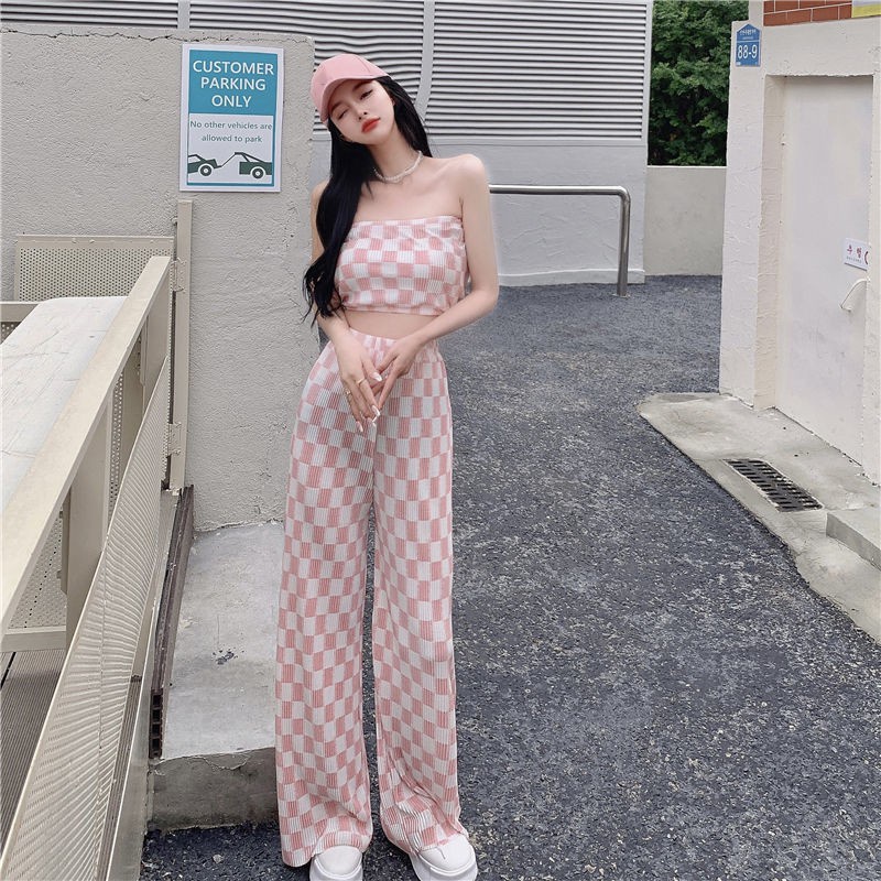 Áo ống và Quần dài ống rộng in sọc caro phong cách hè cho nữ (Có bán lẻ)