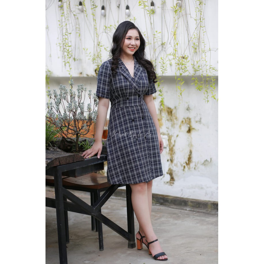 Đầm kẻ xanh than