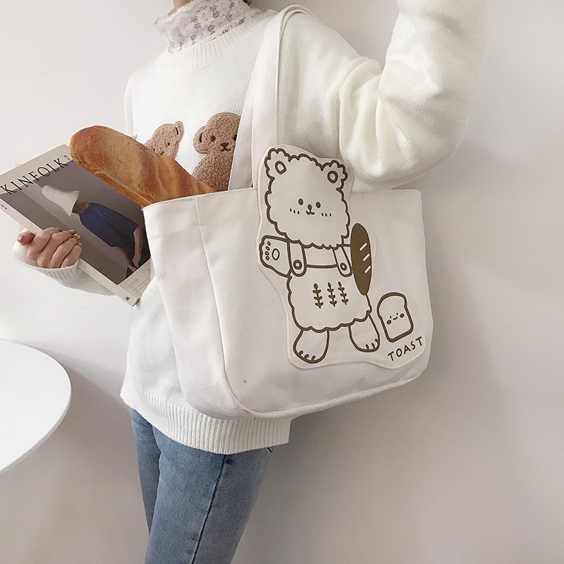 Túi tote vải canvas - Hình gấu - có khóa, túi con - Bobemstore