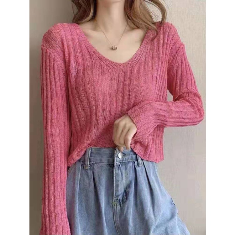 Áo Croptop Tay Dài Cổ Chữ V Dáng Rộng Thiết Kế Khoét Rỗng 5 Màu Sắc Thời Trang Quyến Rũ Cho Nữ