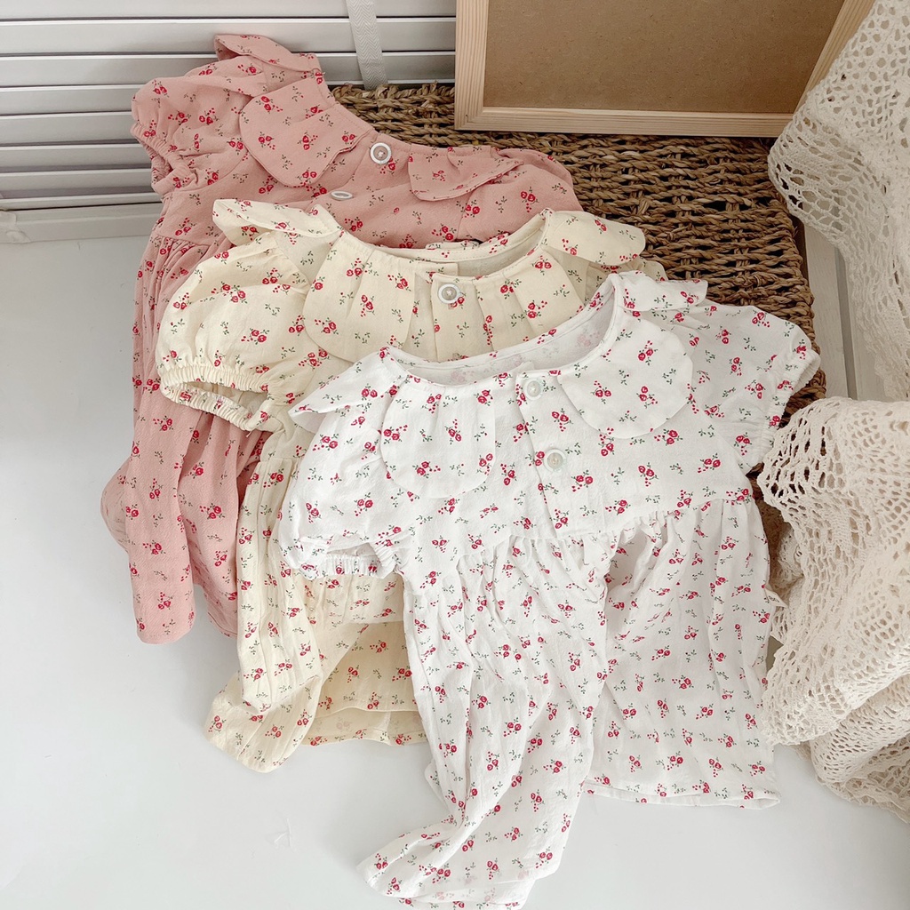 Váy hè cộc tay cổ hoa cho bé gái 8-21kg - Chất thô cara mát