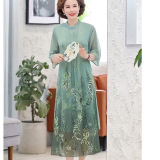 Đầm voan lụa nữ trung niên cao cấp thiết kế cổ tàu in nền hoa 3D sang trọng NP1212