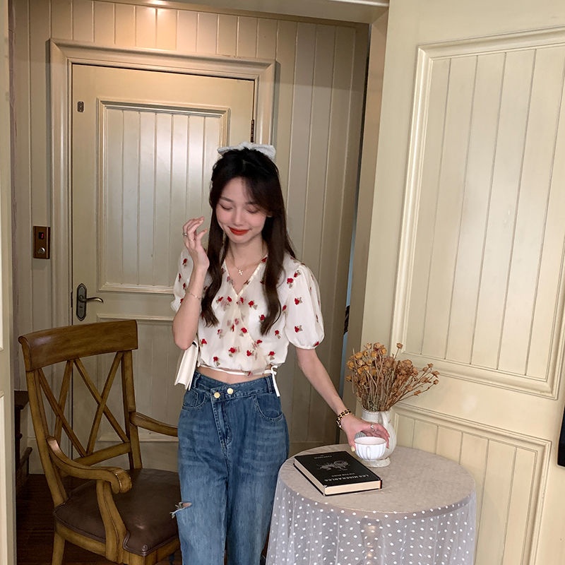 Áo Sơ Mi Voan Tay Phồng Cổ Chữ V Thêu Hoa Hồng Thời Trang Mùa Hè Cho Nữ