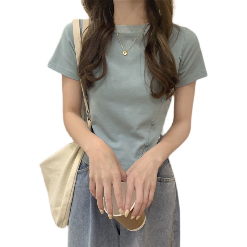 IELGY    Áo Thun Ngắn Tay Ôm Dáng Phong Cách Hàn Quốc Cho Nữ