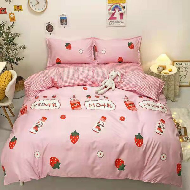 Bộ Chăn Ga Gối Dâu Tây Đỏ Nhập Khẩu Cotton Poly