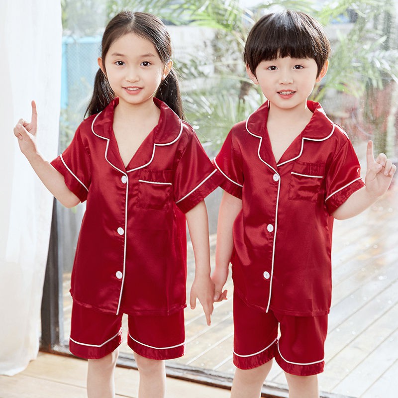 quần thun bé trai▥✗Bộ đồ ngủ trẻ em mùa xuân và hè dài tay lụa giả Pijama cho bé trai gái phong cách mỏng thu m