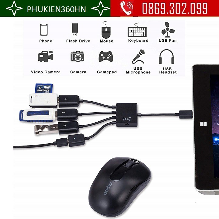 Cáp OTG 4 đầu ra 3 cổng USB Hub OTG hỗ trợ sạc nguồn cho Điện thoại