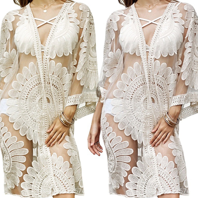 Brroa Áo Khoác Ngoài Bikini Tay Lỡ 3 / 4 Dệt Kim Mỏng Nhẹ Họa Tiết Hoa Phong Cách Boho Quyến Rũ Cho Nữ