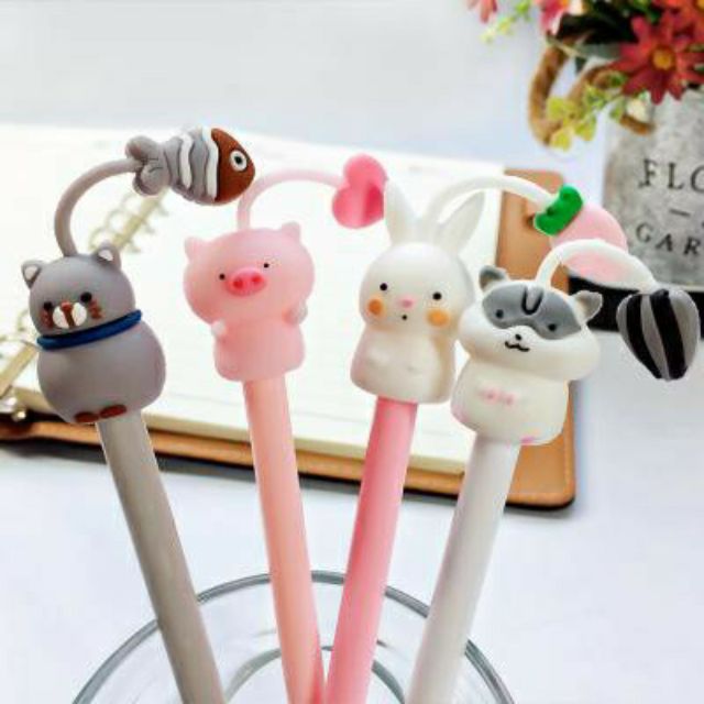 Bút gel ngòi kim thú mọc râu/ bút bi gel nước thỏ, heo, gấu cute mọc mầm trên đầu